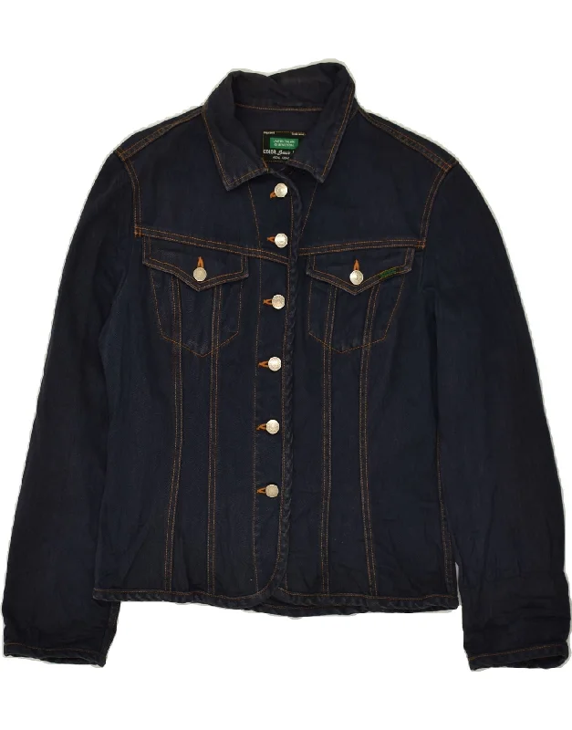 BENETTON Womens Denim Jacket IT 44 Medium Navy Blue Cotton One-Shoulder Jacket Off-the-Shoulder Jacket Asymmetrical Jacket