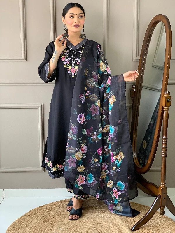 Black Designer Readymade Pant Suit With Printed Embroidery Work Elegant Wool Trousers