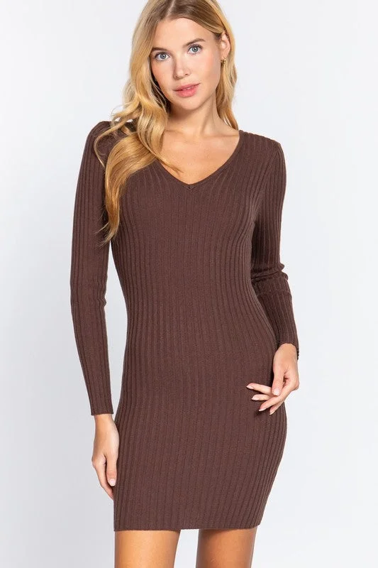 V-Neck Long Sleeve Sweater Mini Dress Neon Metallic Matte