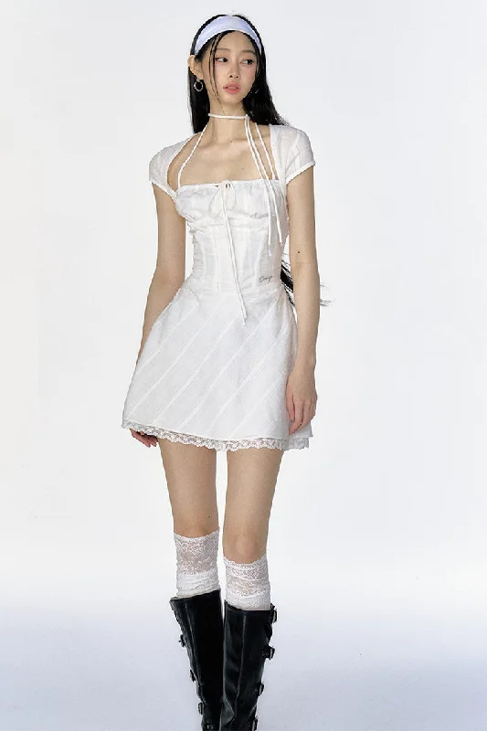 French Sweet Cotton Waist White A-line Dress CUR0104 Turtleneck Neckline Stylish