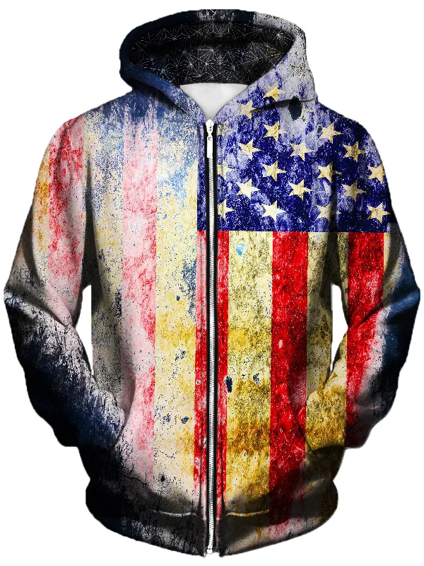Tattered Flag Unisex Zip-Up Hoodie Hoodie with Hem Applique Textured Unique