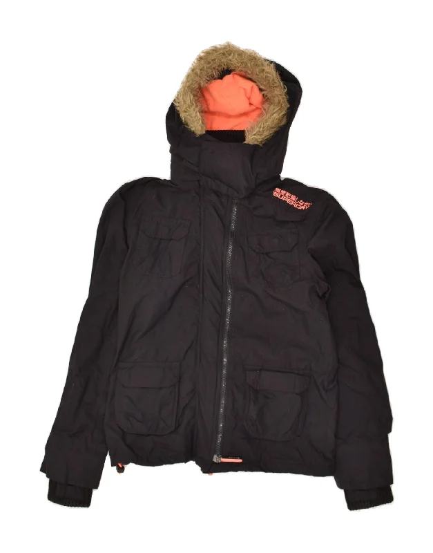 SUPERDRY Womens Hooded Windbreaker Jacket UK 14 Medium Black Print Jacket Jacquard Jacket Embroidered Jacket