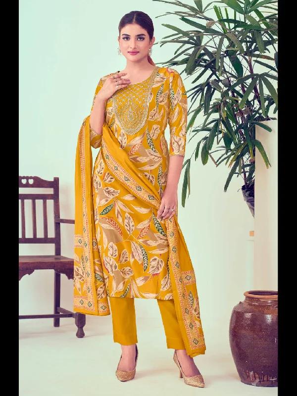 Yellow Designer Readymade Pant Suit With Printed Embroidery Work Slim-Fit Leggings