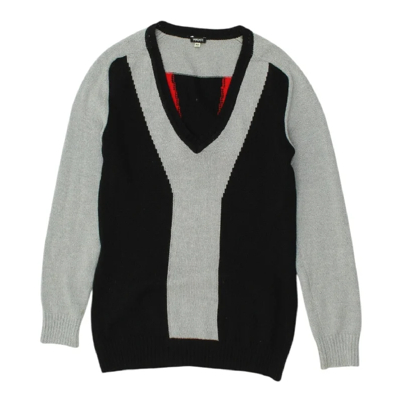 Versace Womens Black Grey V Neck Knit Jumper | Vintage Designer Sweater VTG Lightweight Heavyweight Midweight
