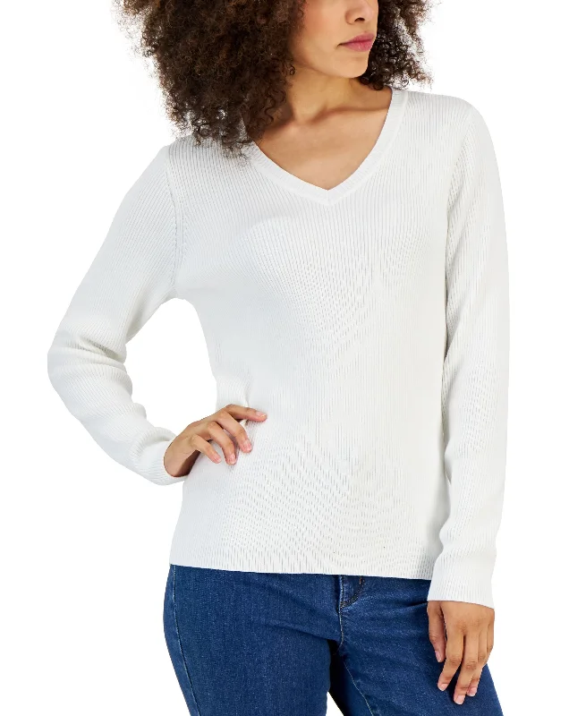 Women's Solid V-Neck Sweater Ribbed Striped Patterned