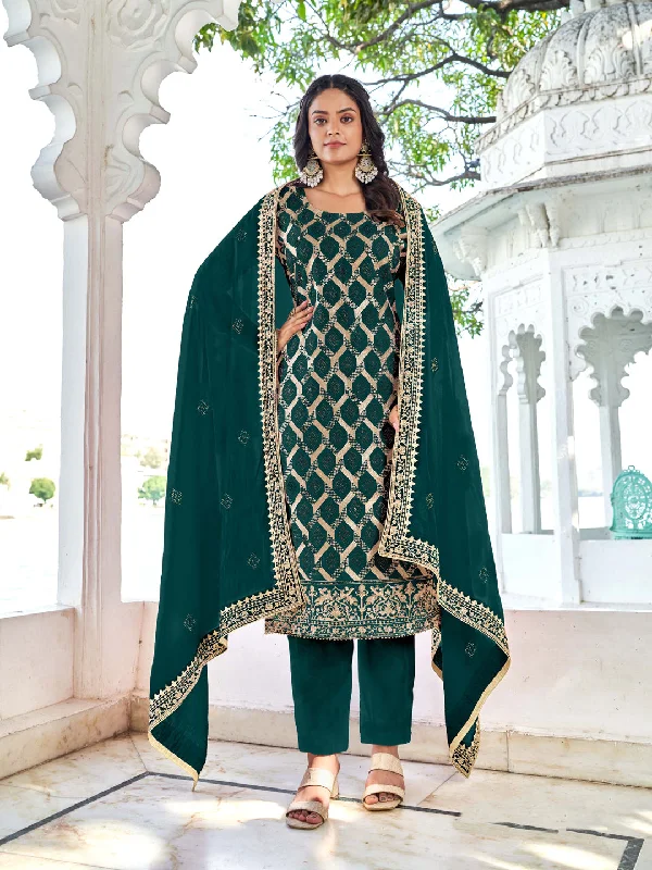 Green Designer Readymade Blooming Vichitra Pant Suit With Embroidery & Diamond Work Relaxed Lounge Trousers