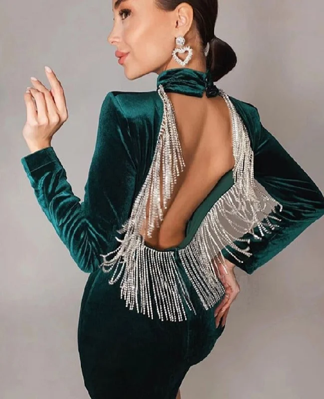 Sexy Backless Diamond Tassel Velvet Dress Women's Long Sleeve Bodycon Mini Club Celebrity Evening Party Vestidos Winter Tunics Timeless classic