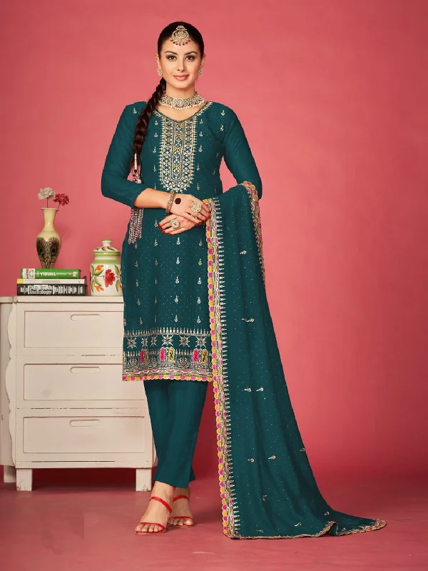 Teal Traditional Designer Semi-Stitched Pant Suit With Embroidery Diamond Work Comfortable Denim Leggings