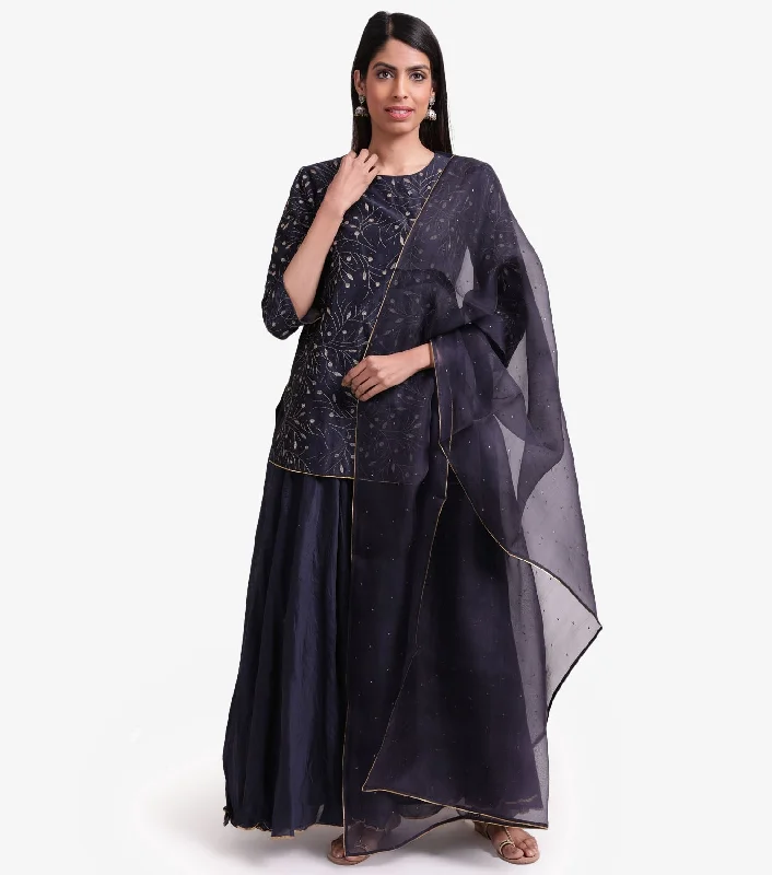 Navy Blue Chanderi Embroidered Kurta & Skirt Set lace skirt delicate