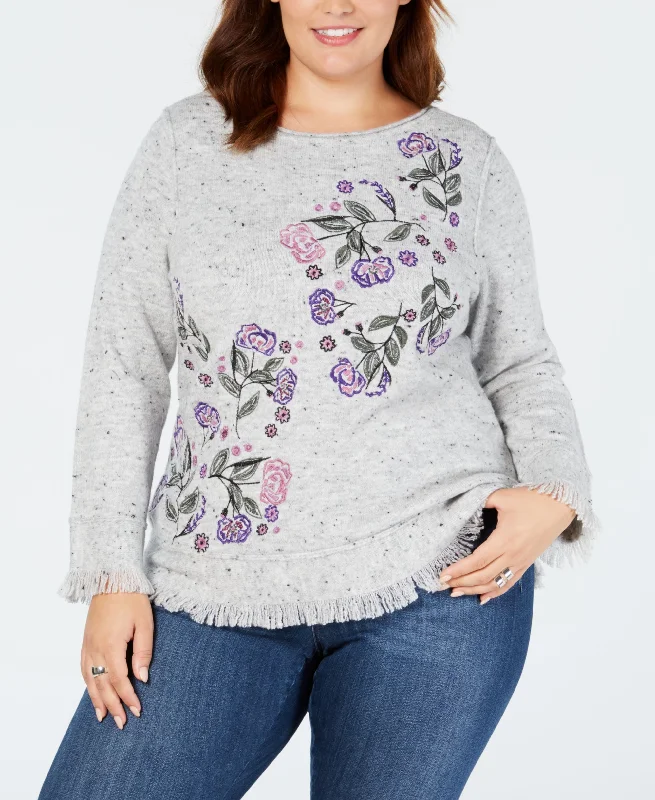 Style & Co Plus Size Embroidered Fringed Sweater Solid Color Striped Floral Print