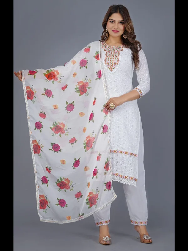 White Designer Readymade Cotton Pant Suit With Designer Printed Embroidery Work Classic Bootcut Trousers