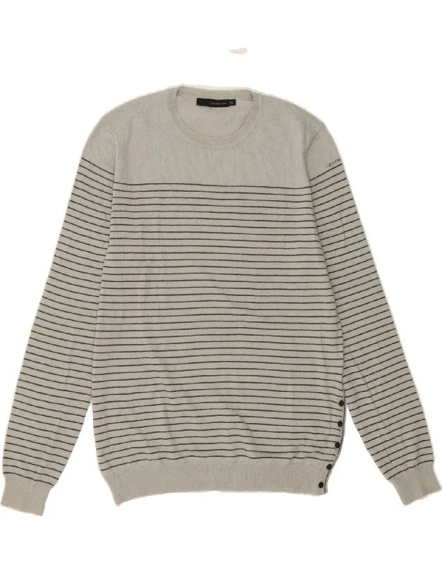 CALVIN KLEIN JEANS Womens Crew Neck Jumper Sweater UK 20 2XL Grey Striped Spandex Rayon Corduroy