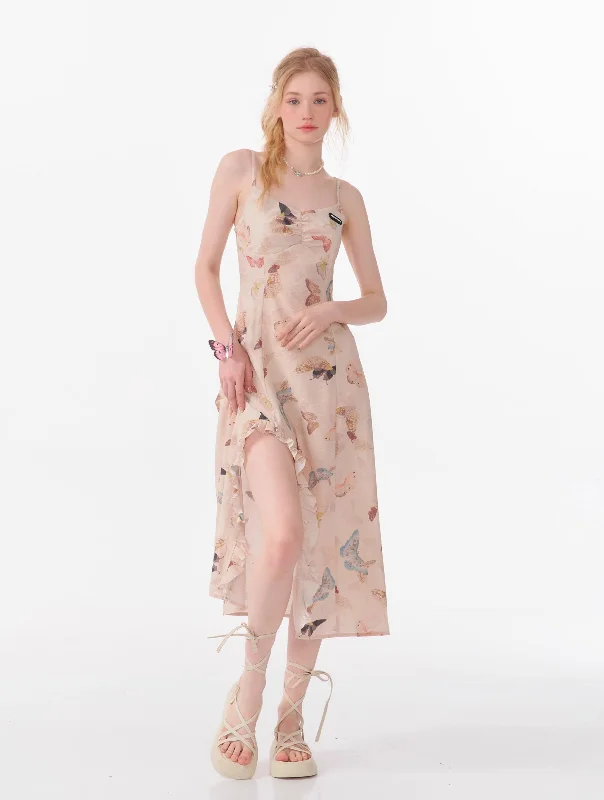 High-end Design Butterfly Print Long Slit Suspender Dress ZIZ0085 empire Waist empire