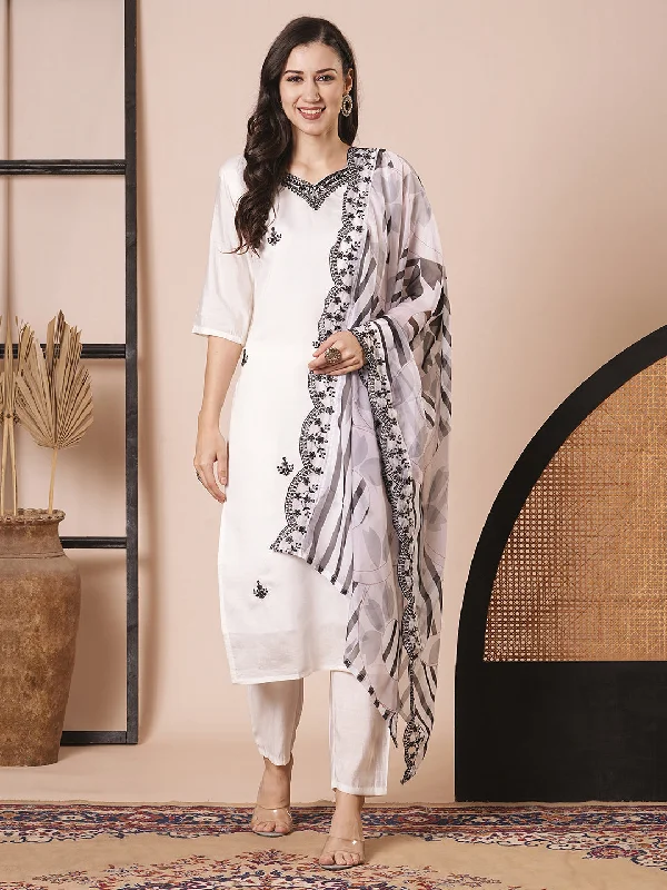 White Designer Readymade Pant Suit With Embroidery Printed Work Classic Stretch Pants