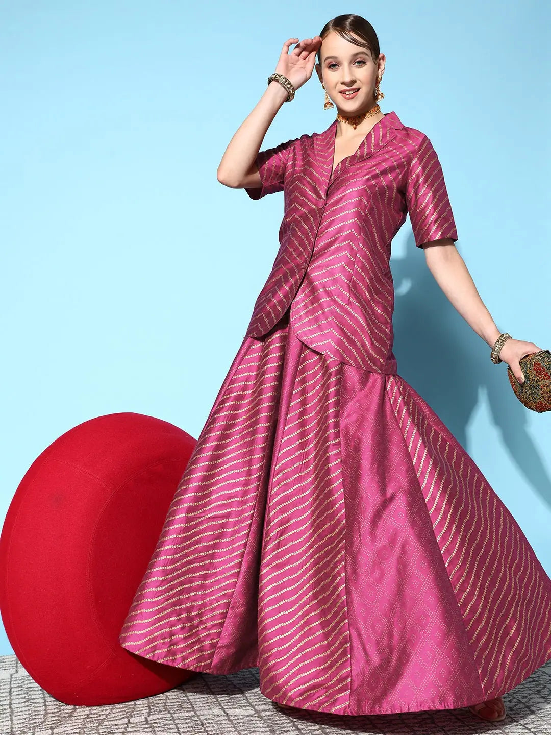 Women Burgundy Cotton Silk Geo Foil Anarkali Skirt lace skirt romantic