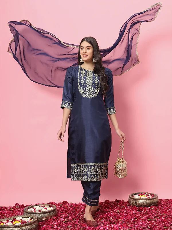 Navy Blue Premium Designer Pant Suit With Embroidery Work Lightweight Linen Pants