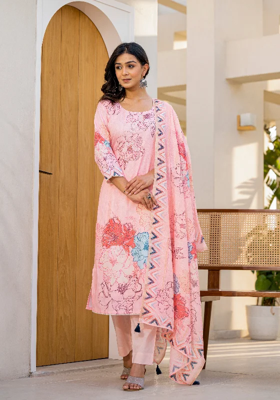 Pink Designer Readymade Linen Pant Suit With Digital Printed Work Comfortable Fleece Pants