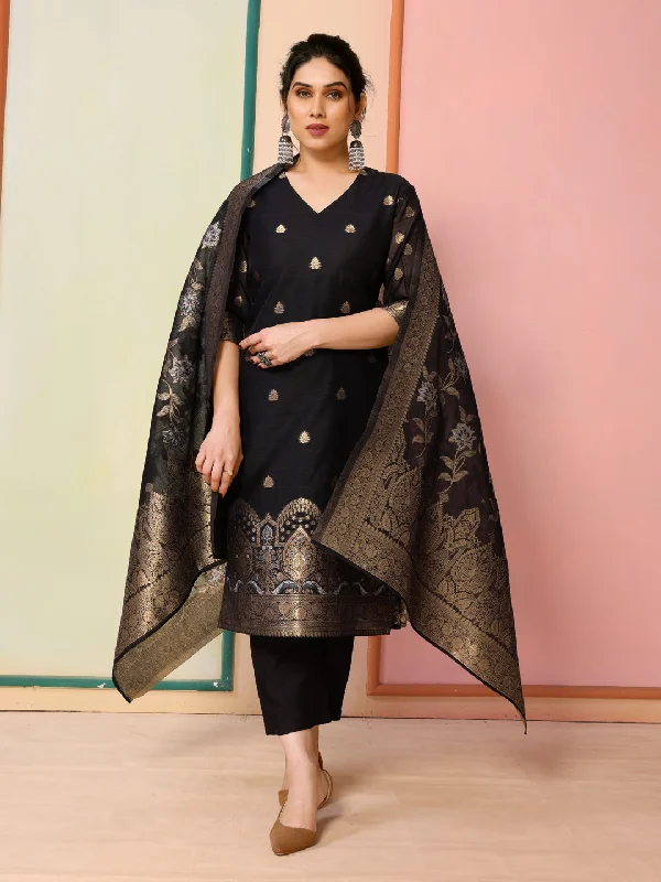 Black Designer Readymade Chanderi Pant Suit With Wevon Jacquard Designer Cozy Fitted Pants