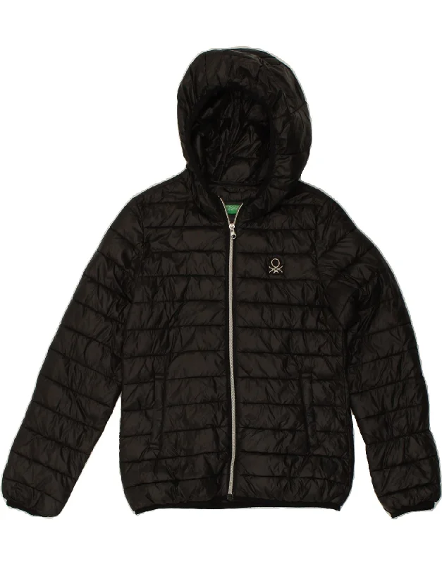 BENETTON Womens Hooded Padded Jacket UK 12 Medium Black Fleece Jacket Down Jacket Parka