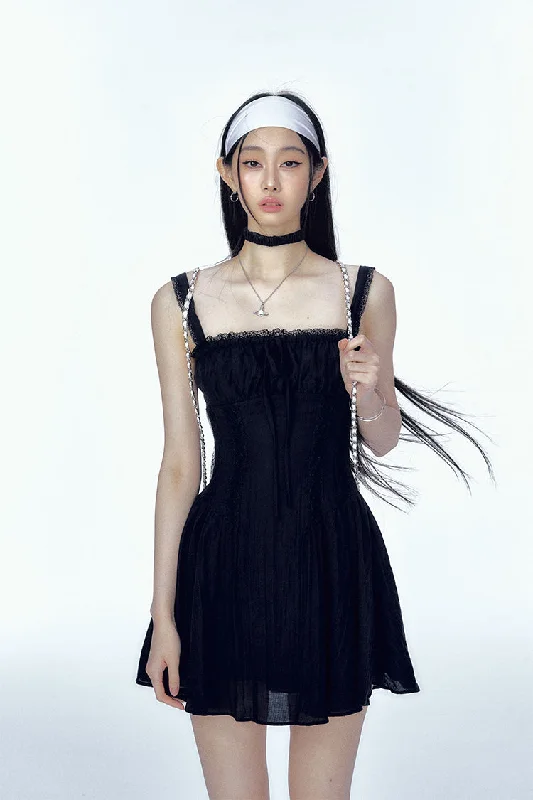 Navy Blue Puffy Suspender Dress CUR0124 Tunics Silk luxurious
