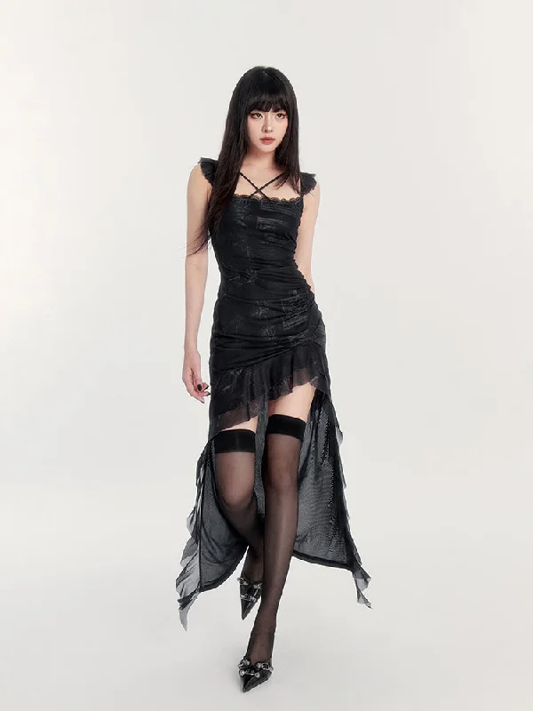Ruffle Irregular Slim Palace Style Printed Dress VOC0196 Crew Neckline Sporty