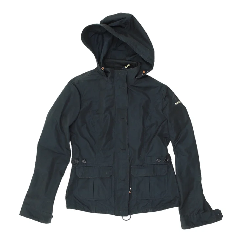 Woolrich Womens Navy Full Zip Up Hooded Rain Jacket | Vintage Designer Outdoors Striped Jacket Polka Dot Jacket Floral Jacket