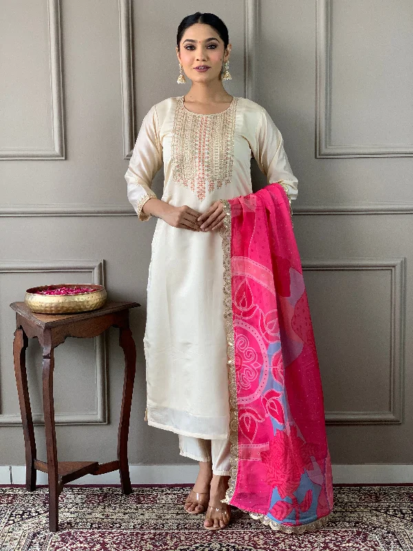 Cream Attractive Looking Redaymade Pant Suit With Designer Embroidery Work Cozy Full-Length Pants