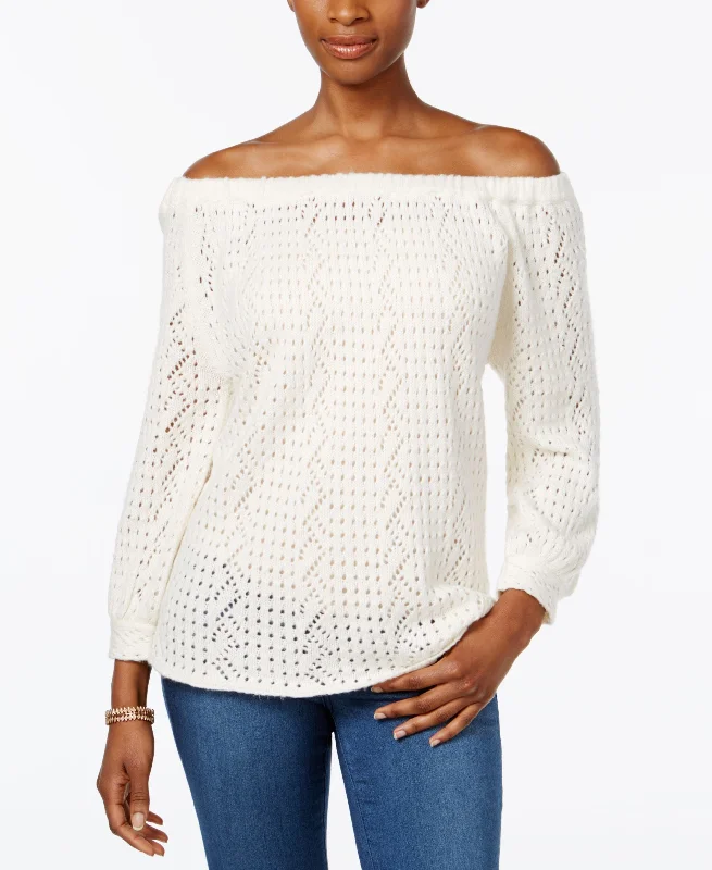 Style & Co Off The Shoulder Open Knit Sweater Toggled Drawstring Belted