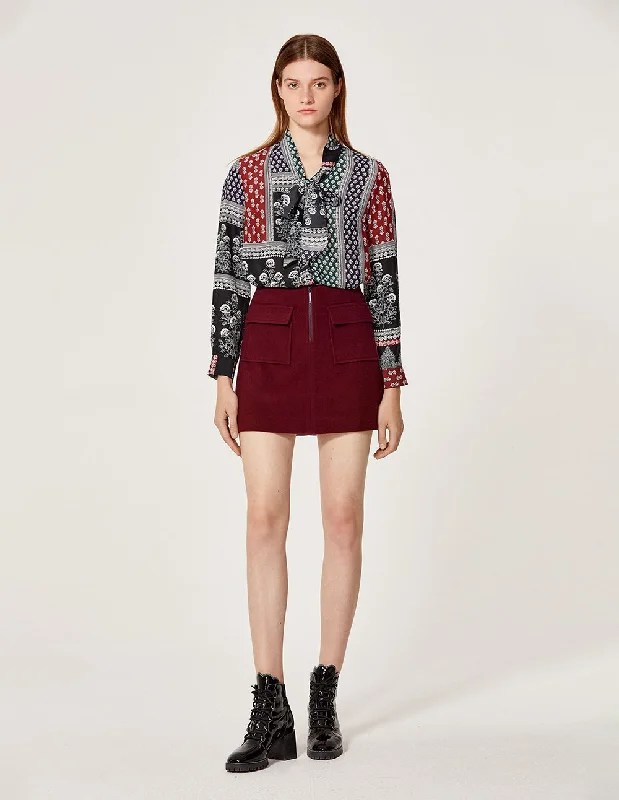 MARYLING Wool Blend Zip Up Side Pocket A-Line Mini Skirt high slit skirt