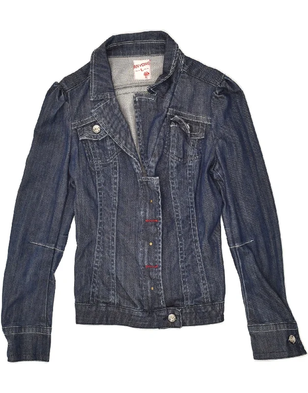 VINTAGE Womens Denim Jacket UK 16 Large Blue Cotton Stand-Up Collar Roll-Neck Collar Turtle Neck