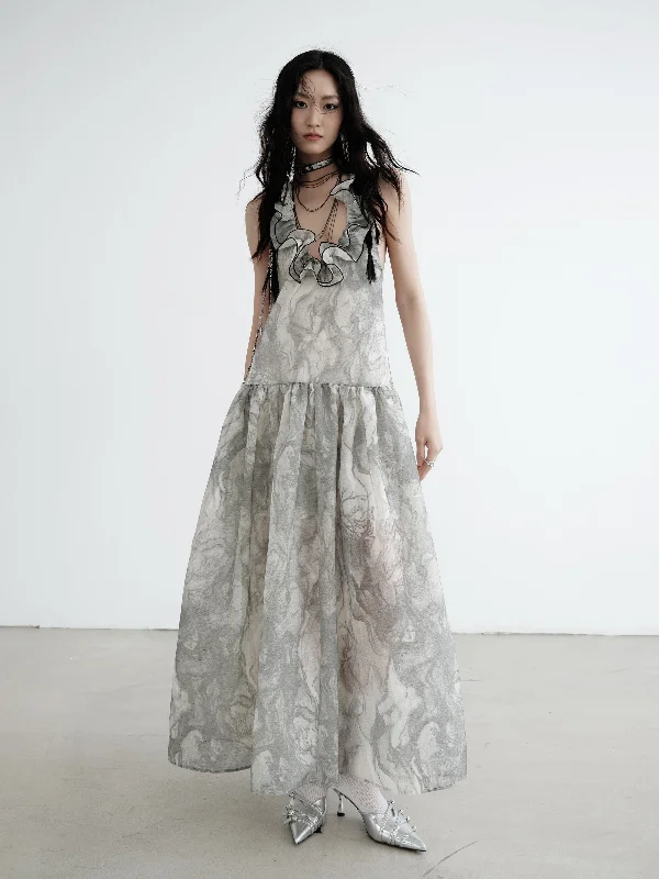 Grey Print Three-dimensional Large Open Back Halterneck Slip Dress JNY0132 Maxi Flowy Bohemian