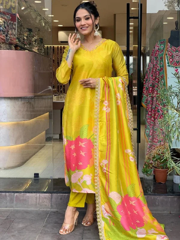 Yellow Attractive Readymade Pant Suit Printed Designer Embroidery Work Elegant High-Waist Pants