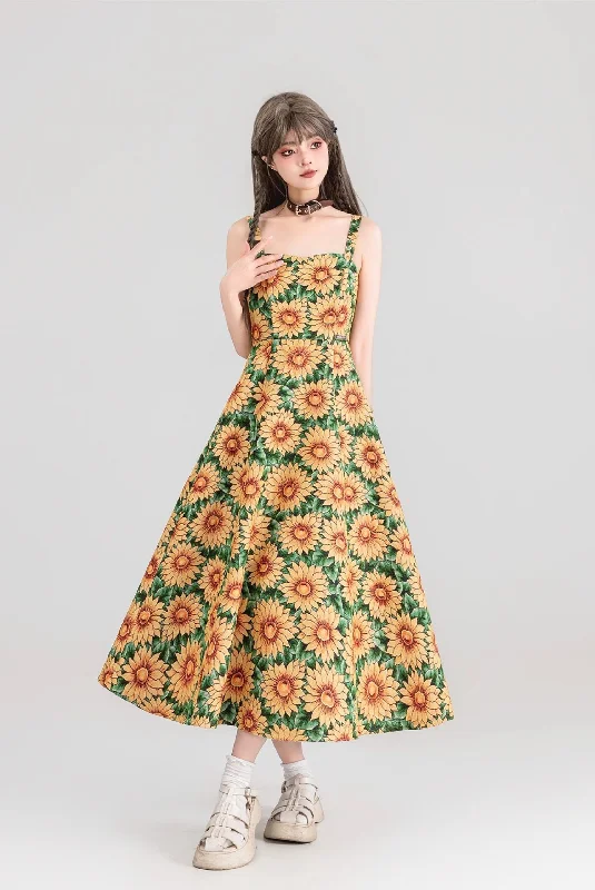 Sunflower Jacquard Floral Suspender Long Dress KEI0152 Tunics Chic elegant