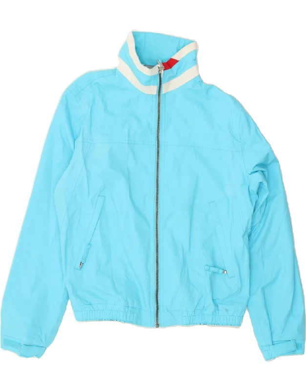 MURPHY & NYE Womens Graphic Rain Jacket UK 16 Large Blue Striped Nylon Notch Collar Peter Pan Collar Cowl Neck