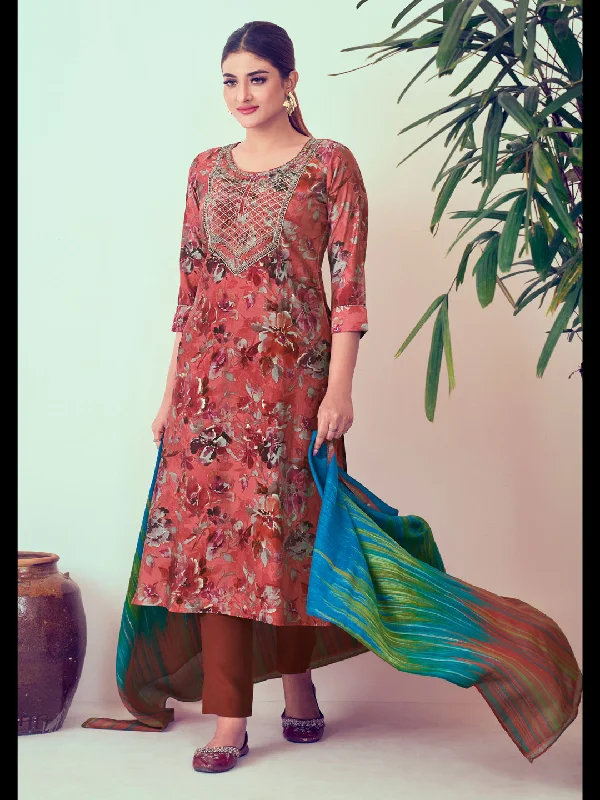 Brown Designer Readymade Pant Suit With Printed Embroidery Work Cozy Knit Pants