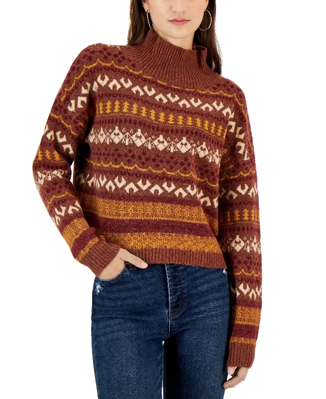 Juniors' Cozy Fair Isle Turtleneck Sweater Turtle Neck Boat Neck Asymmetrical Neck