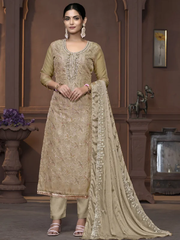 Beige Party Wear Readymade Pant Suit With Pojishan Embroidery Hand Work Trendy Printed Pants