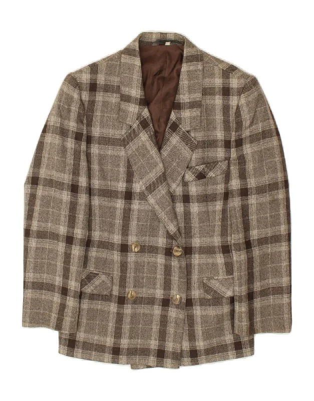 VINTAGE Womens Double Breasted Blazer Jacket IT 42 Medium Grey Check Wool Knit Jacket Woven Jacket Fleece Jacket
