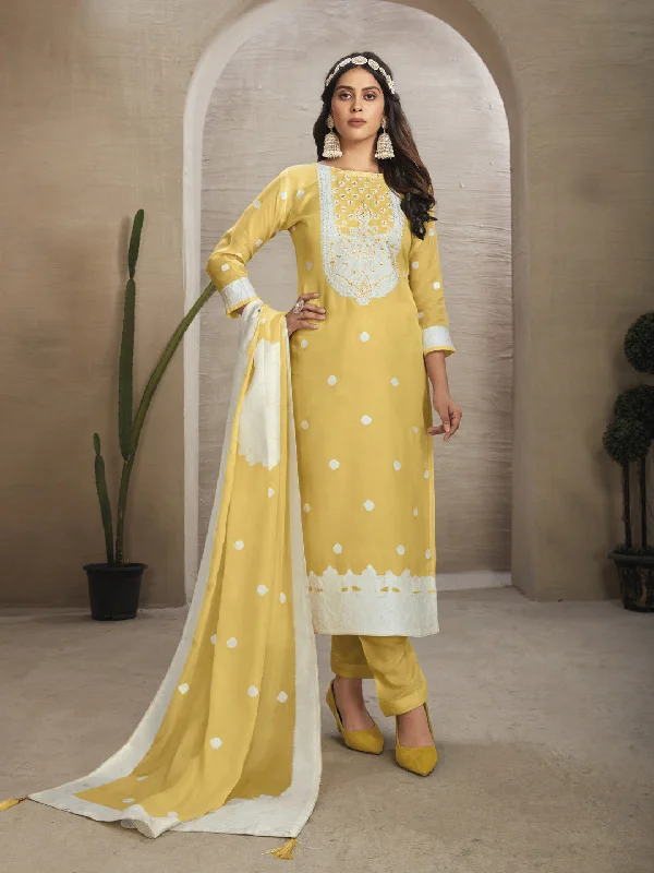 Yellow Organza Pant Suit With Wevon Design Diamond Work Classic Flared Pants