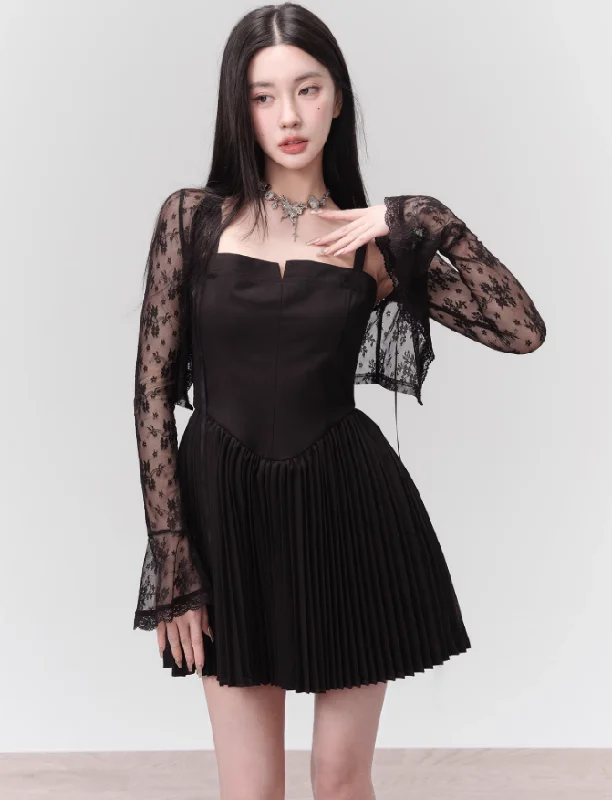 Silky Black French Sweet Pleated Dress FRA0120 Tunics Cozy soft