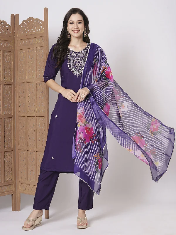 Voilet Party Wear Readymade Pant Suit With Embroidery Wevon Work Casual Wide Pants