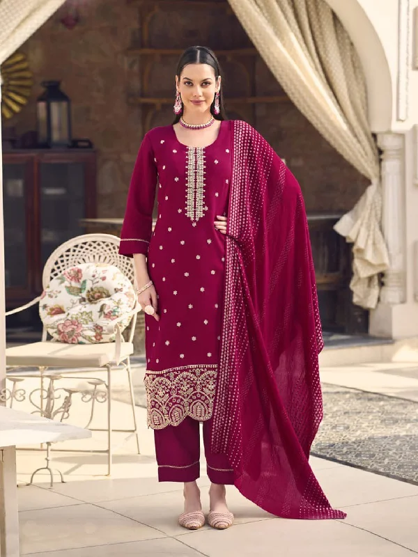 Rani Pink Trendy Designer Readymade Pant Suit With Embroidery Work Comfortable Fleece Pants
