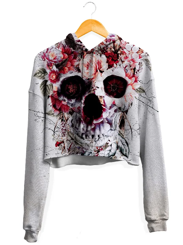 Floral Skull Fleece Crop Hoodie Hoodie with Patch Decorative Personalized
