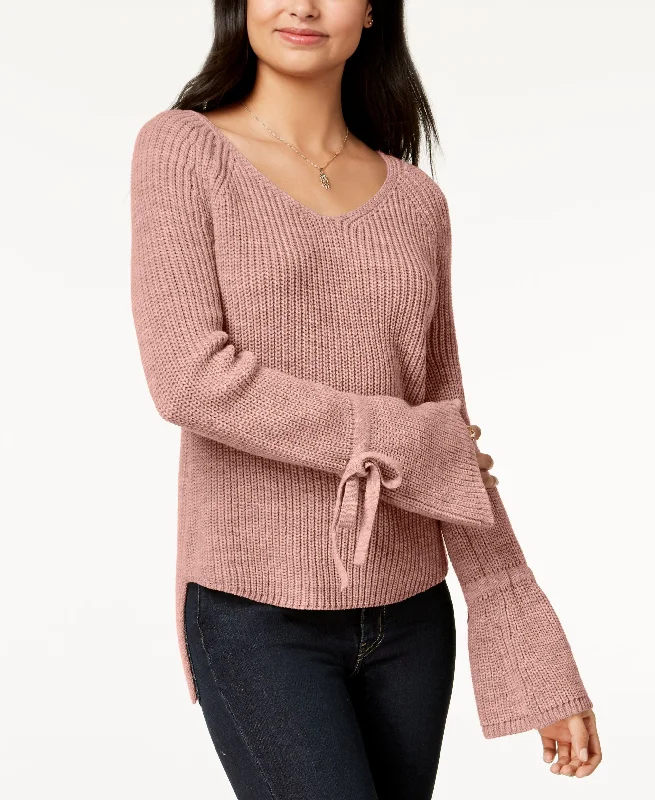 Juniors' Tie-Trim Bell-Sleeved High-Low Sweater Knit Fabric Woven Fabric Fleece Fabric