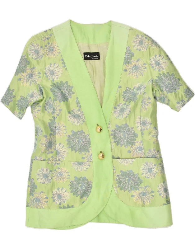 VINTAGE Womens 2 Button Short Sleeve Blazer Jacket IT 42 Medium Green Notch Collar Peter Pan Collar Cowl Neck