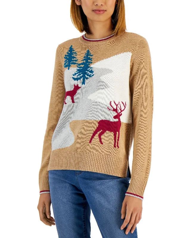 Charter Club Petite Winter Scene Crewneck Sweater Elegant Classic Vintage