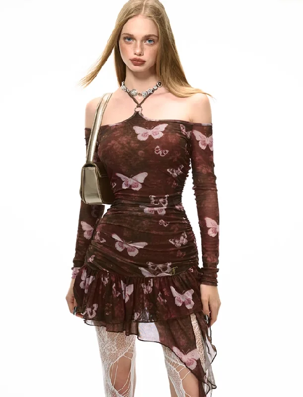 Off-shoulder Halter Neck Butterfly Print Dress VVO0038 Bodycon Club Sequined