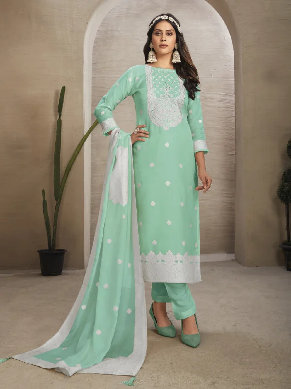 Sea Green Organza Pant Suit With Wevon Design Diamond Work Warm Wool Trousers