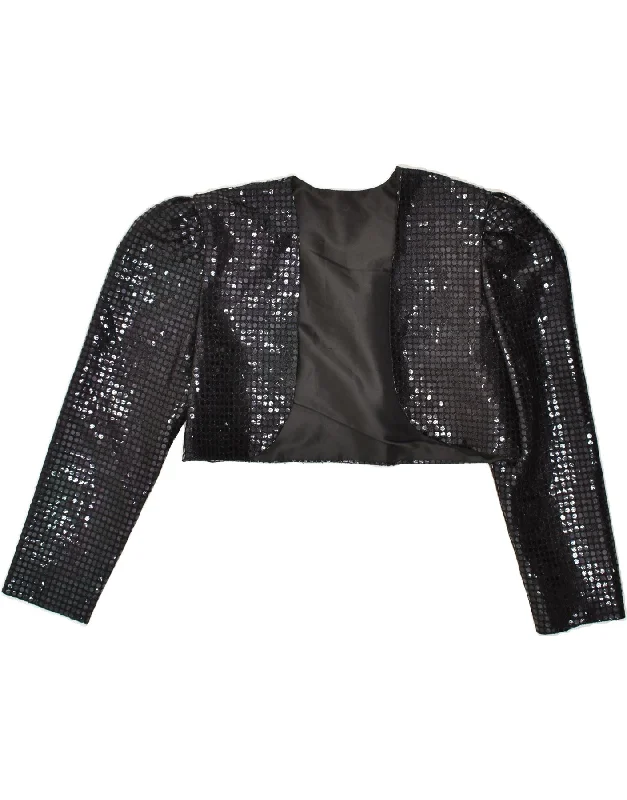 VINTAGE Womens Bolero Jacket UK 14 Medium Black Nylon Notch Collar Jacket Peter Pan Collar Jacket Cowl Neck Jacket