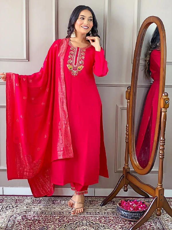 Rani Pink Trendy Designer Readymade Pant Suit With Embroidery Work Elegant Dress Pants